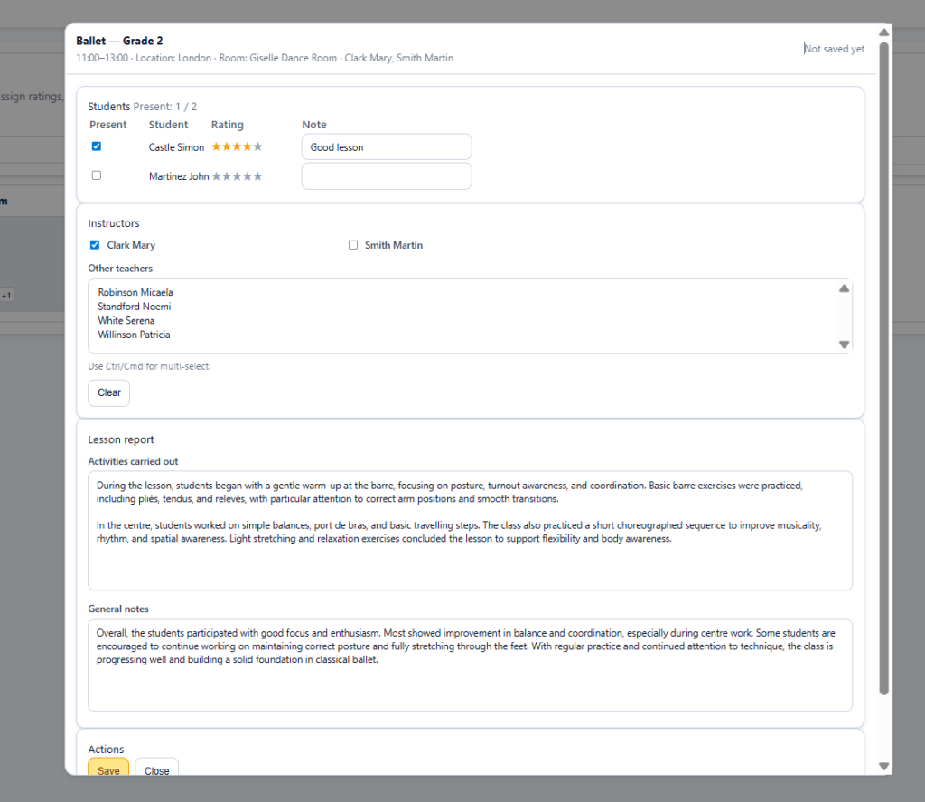 Screenshot of the attendance tracking interface with a student list