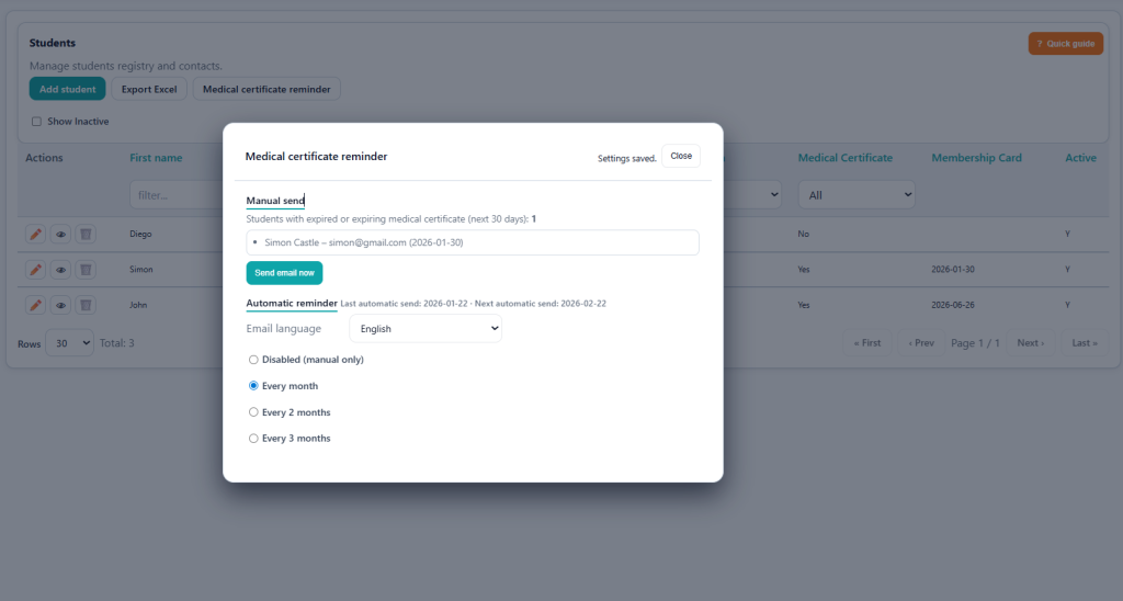 Screenshot of the certificate setup page