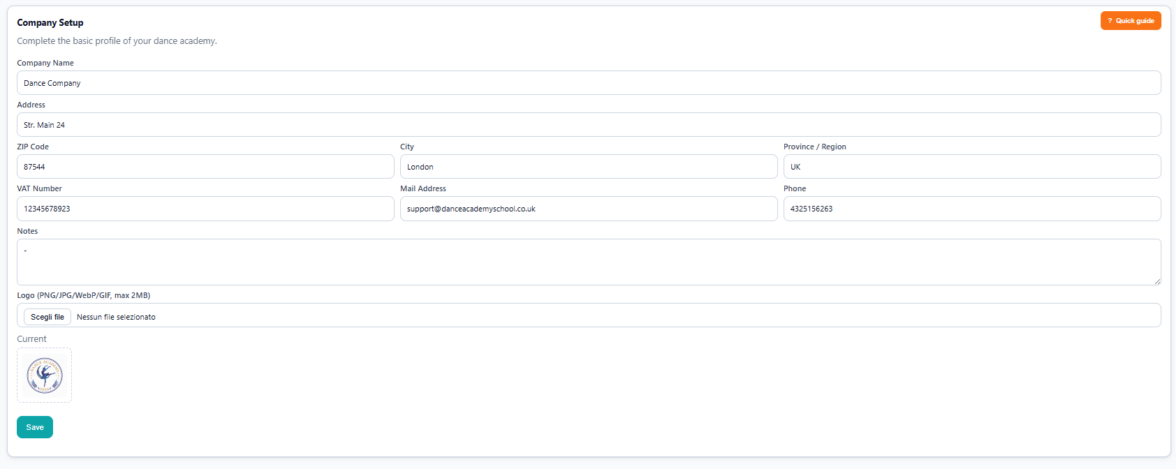 Screenshot of the company/school setup configuration
