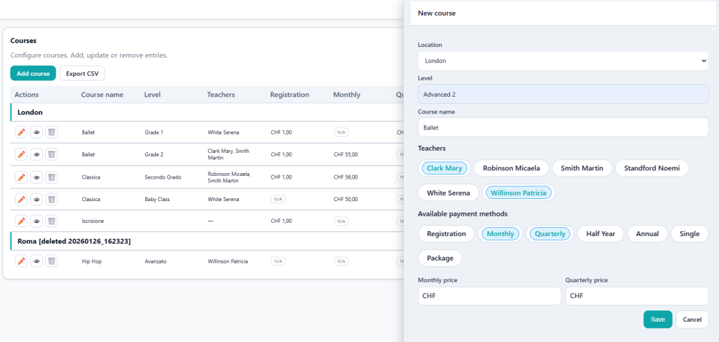 Screenshot of the courses setup page with a course list