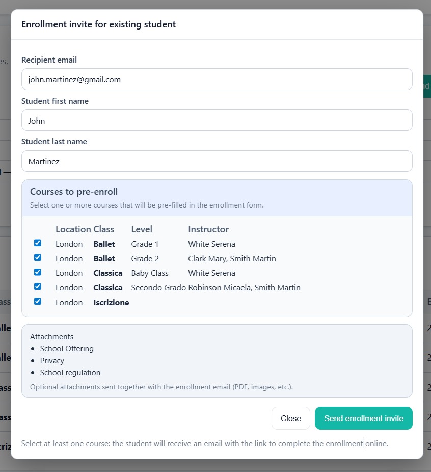 Screenshot of the enrollment module settings with email options