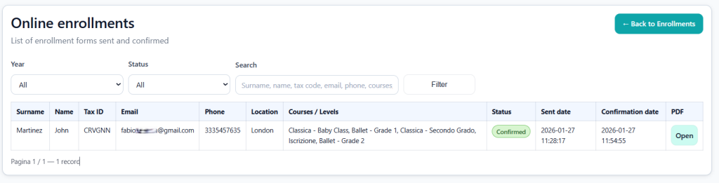 Screenshot of additional email settings for enrollment