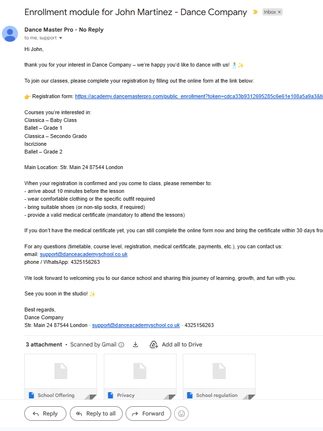 Screenshot of the email notification setup for enrollment