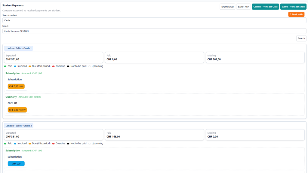Screenshot of payment mode configuration for students