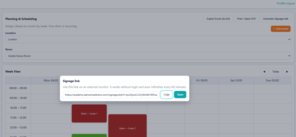 Screenshot of the calendar setup for scheduling