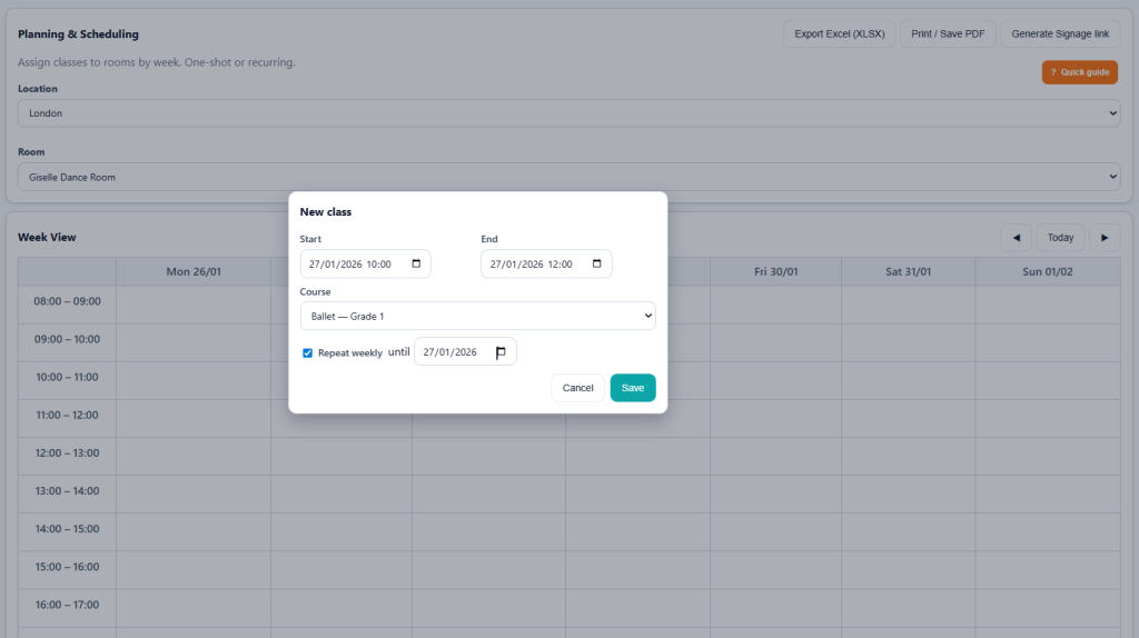 Screenshot of the planning setup page
