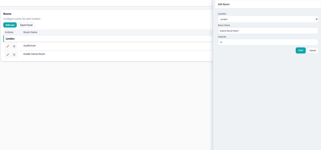 Screenshot of the room setup page listing dance rooms