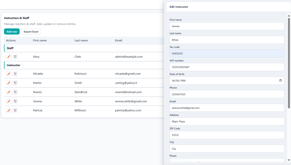 Screenshot of the staff setup screen