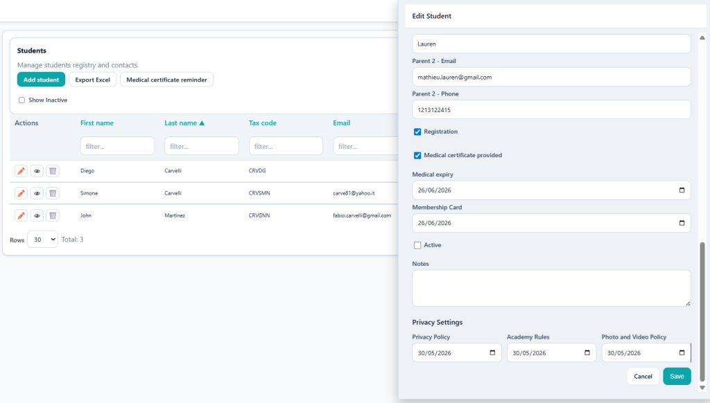 Screenshot of the student setup and enrollment page