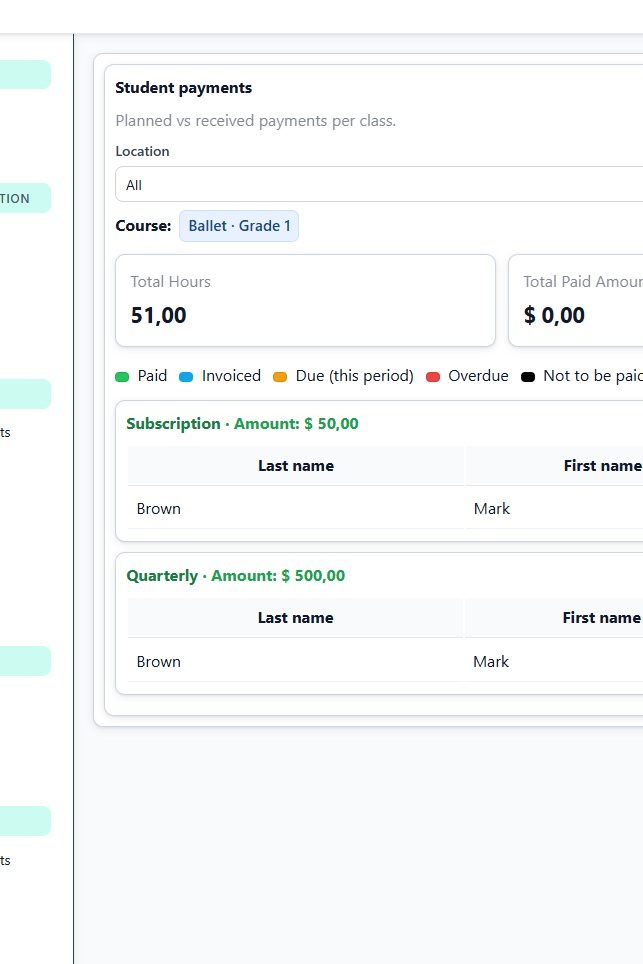 Screenshot of the class schedule and calendar interface