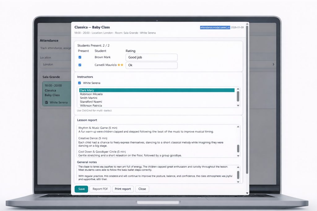 Screenshot of the attendance tracking interface with student list
