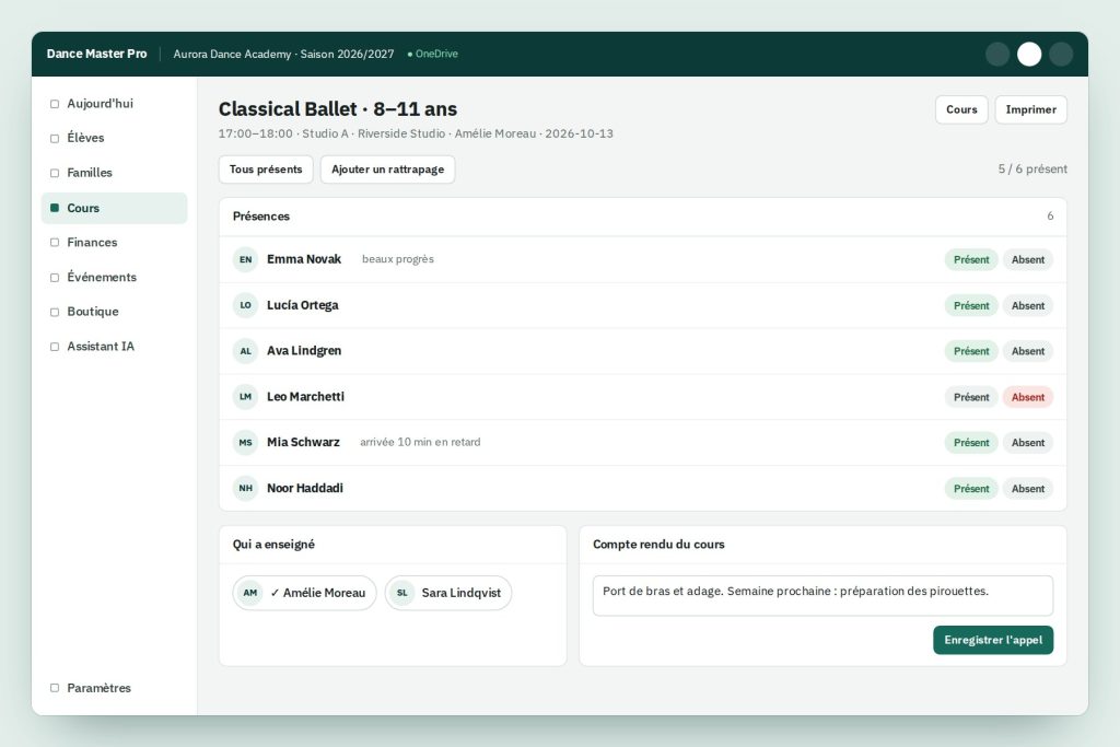 Screenshot of the attendance tracking interface with student list