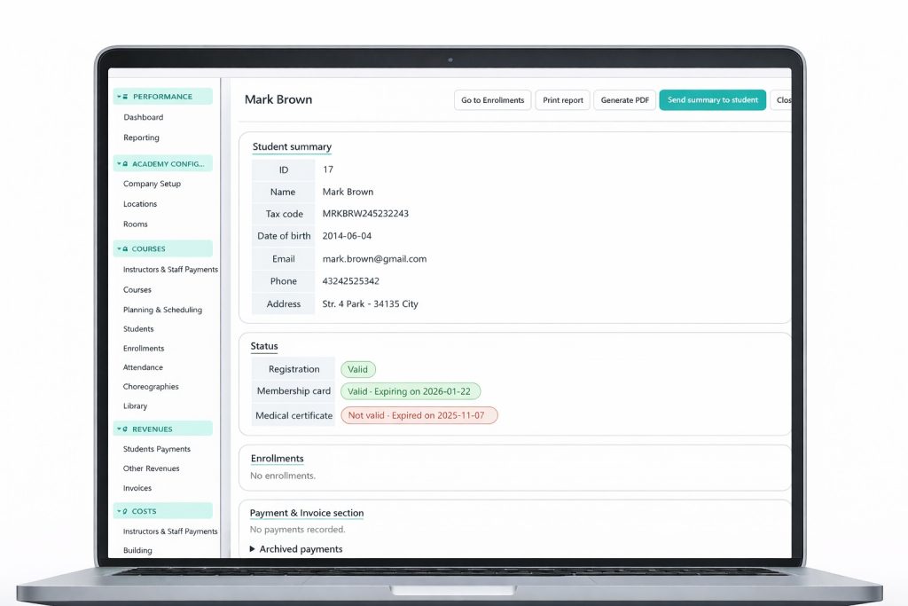 Screenshot of the student profile management screen