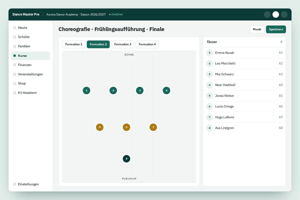 Screenshot of the choreography management module with routine overview