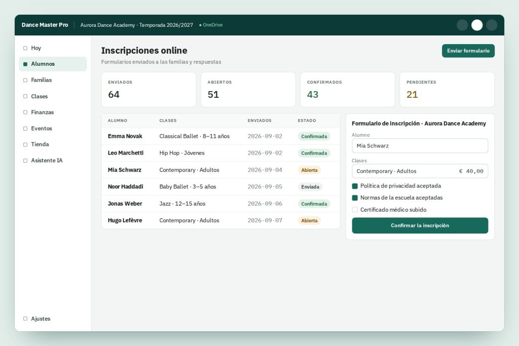 Screenshot of the online enrollment form with course options