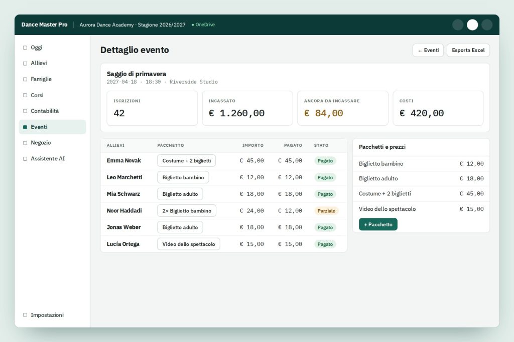 Screenshot of the events dashboard showing upcoming events
