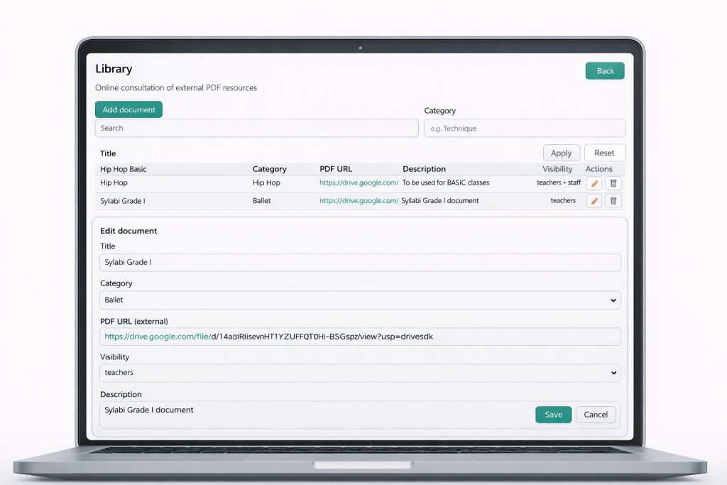 Screenshot of the online library with dance resources and documents