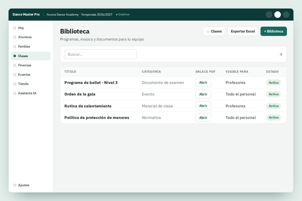 Screenshot of the online library with dance resources and documents