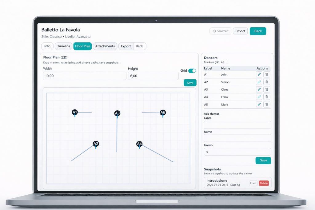 Screenshot of the choreography management module with routine overview