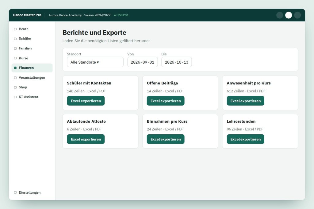 Dashboard with financial KPIs and attendance charts