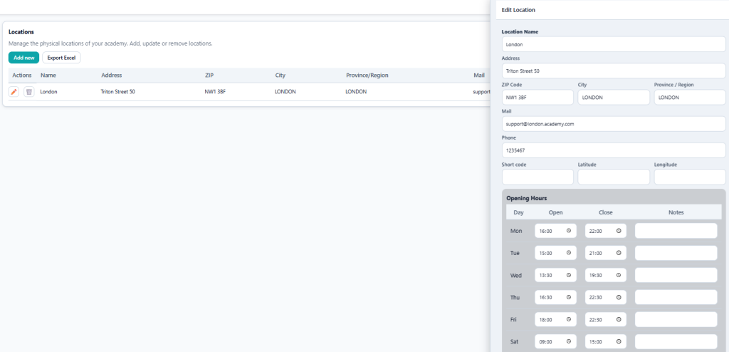 Screenshot of the locations setup page showing multiple studios