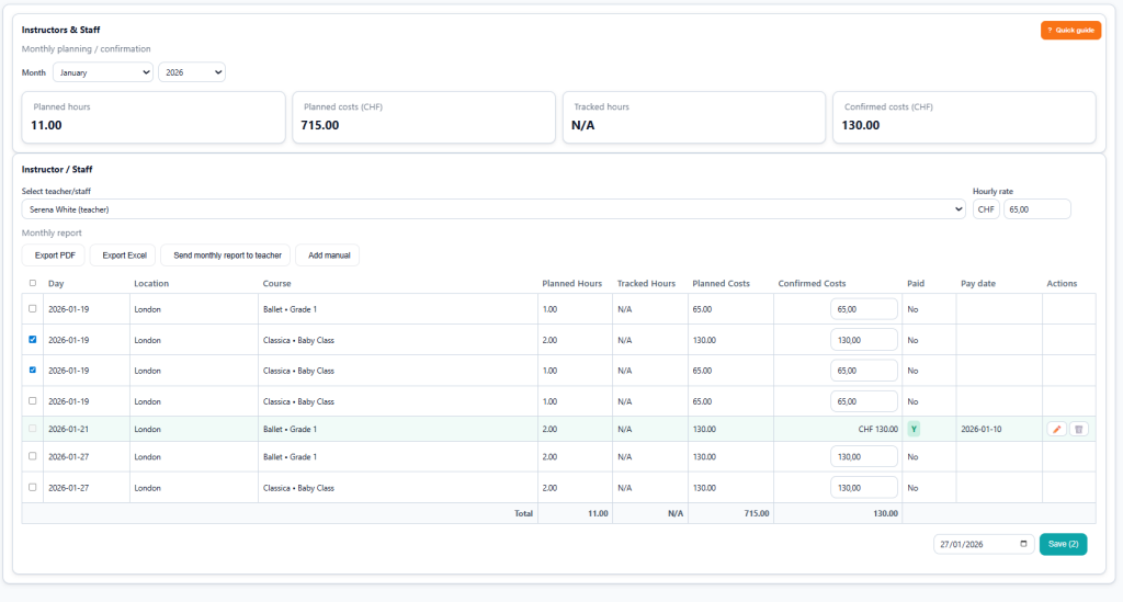 Screenshot of payment mode configuration for staff