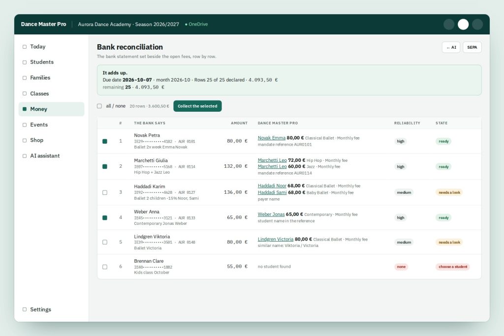 Bank reconciliation for dance schools: statement rows matched to students with green, amber and red status